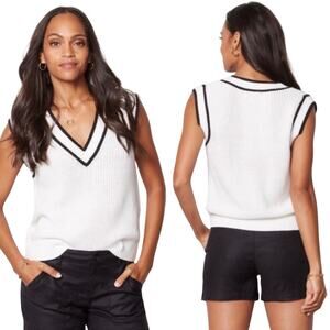 Evereve Chloe Striped Sweater Vest Cotton Blend V Neck Slouchy White Black Small